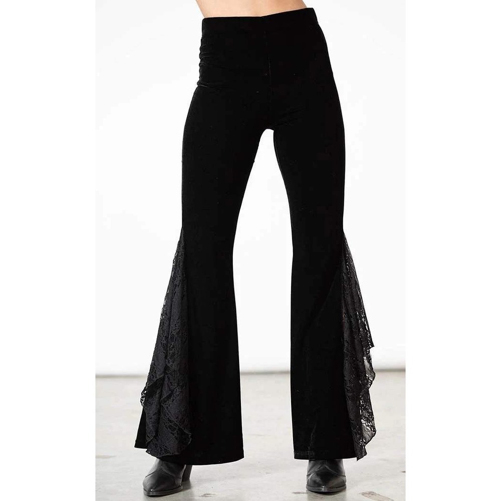 Killstar Mahina Black Velvet Lace Bell Bottom Flare Leggings XS NEW